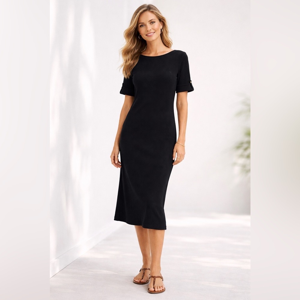 Lauren Ralph Lauren Cotton Ribbed Short Sleeve Boatneck Midi Dress Black Size P